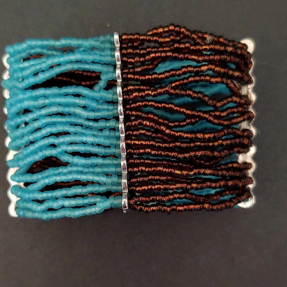 Blue and brown seed bead wide stretch bracelet